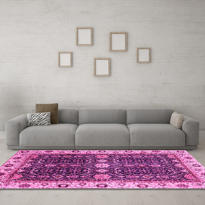 Machine Washable Geometric Pink Traditional Rug in a Living Room, wshabs3093pnk