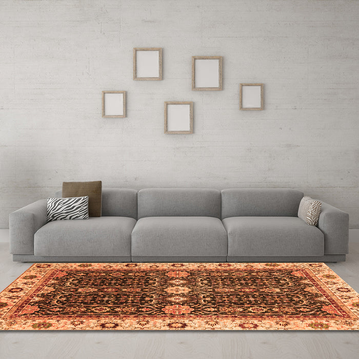 Machine Washable Geometric Orange Traditional Area Rugs in a Living Room, wshabs3093org