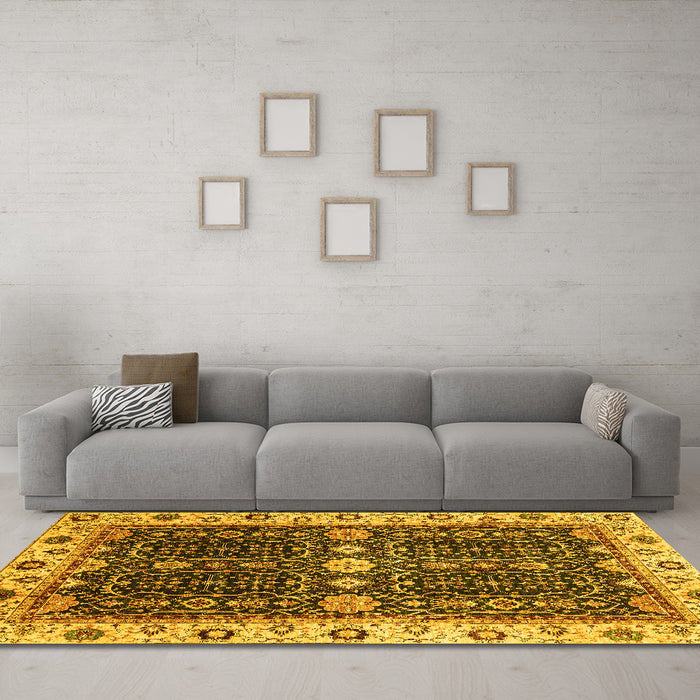 Machine Washable Geometric Yellow Traditional Rug in a Living Room, wshabs3093yw