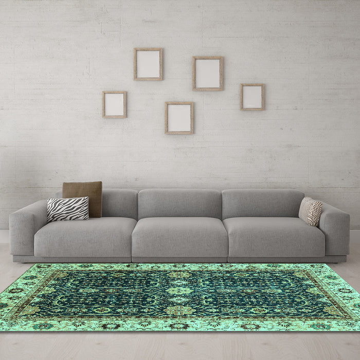 Machine Washable Geometric Turquoise Traditional Area Rugs in a Living Room,, wshabs3093turq