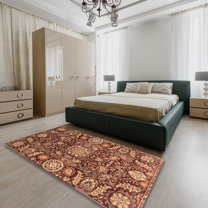 Abstract Saffron Red Oriental Rug in a Bedroom, abs3094