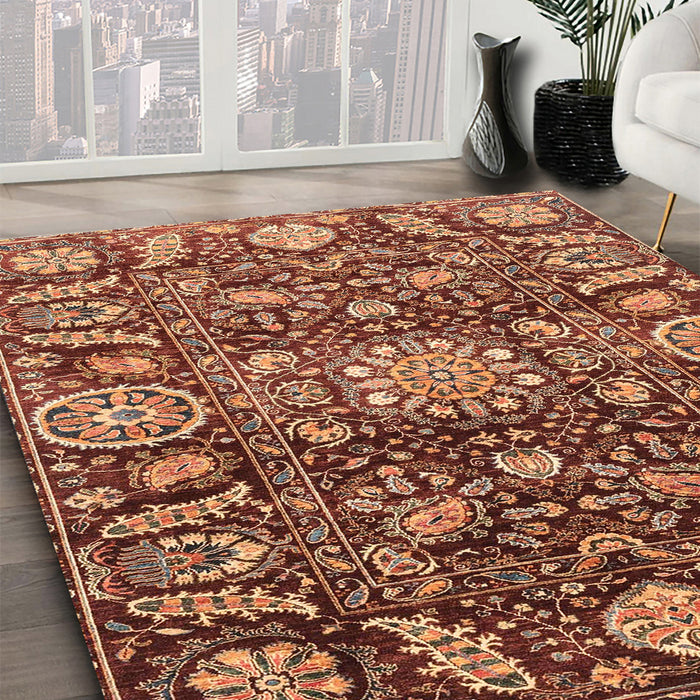 Abstract Saffron Red Oriental Rug in Family Room, abs3094
