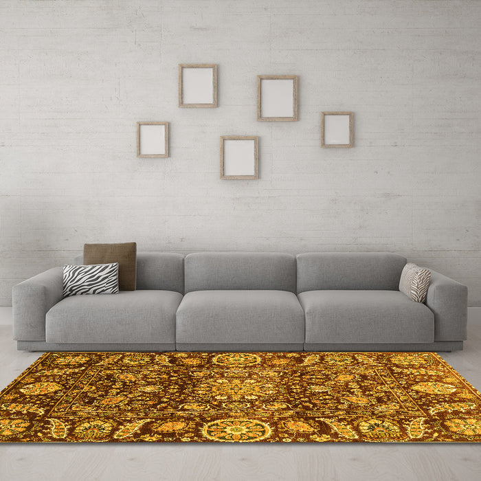 Machine Washable Oriental Yellow Traditional Rug in a Living Room, wshabs3094yw