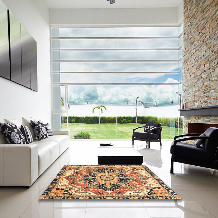 Square Abstract Dark Sienna Brown Modern Rug in a Living Room, abs3095
