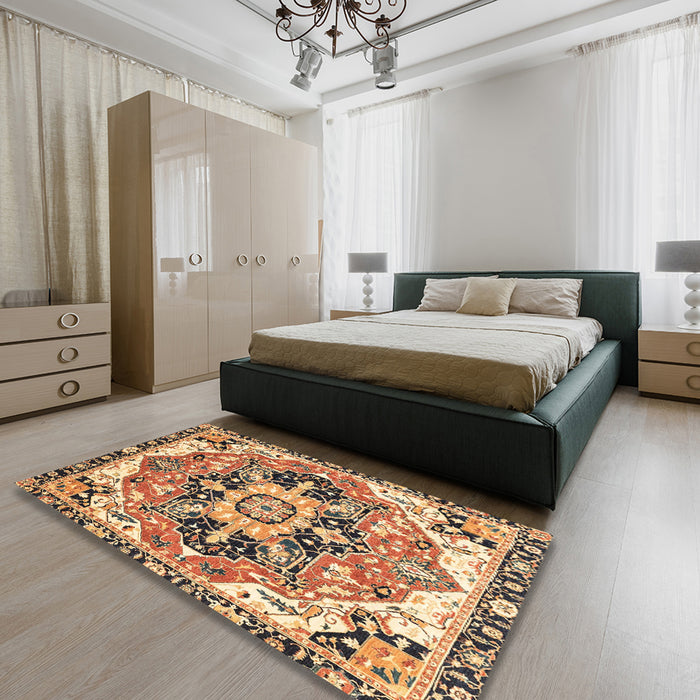 Machine Washable Abstract Dark Sienna Brown Rug in a Bedroom, wshabs3095