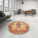 Round Machine Washable Abstract Yellow Orange Rug in a Office, wshabs3096