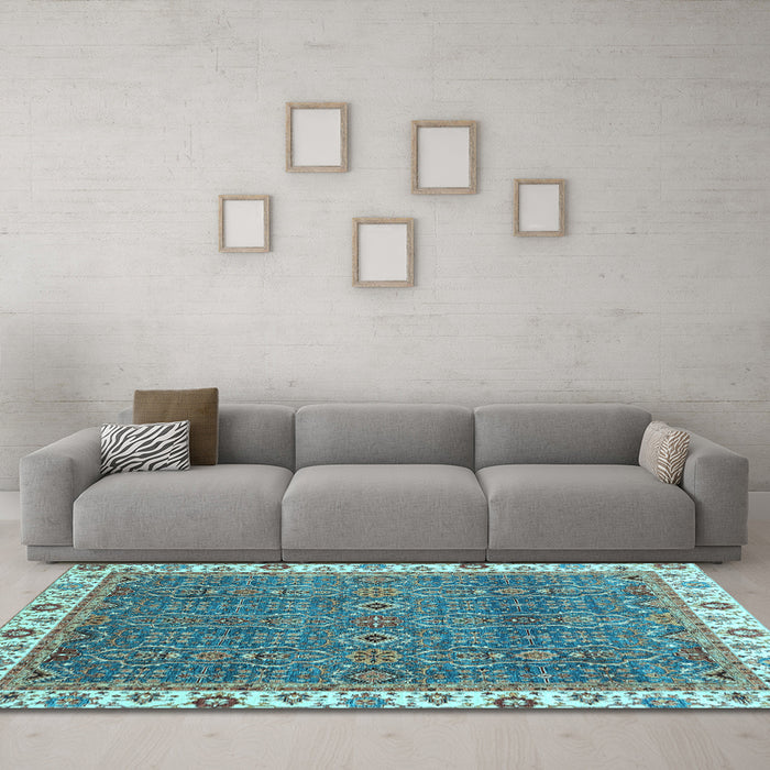 Machine Washable Oriental Light Blue Traditional Rug in a Living Room, wshabs3098lblu