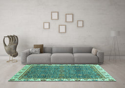 Machine Washable Oriental Turquoise Traditional Area Rugs in a Living Room,, wshabs3098turq