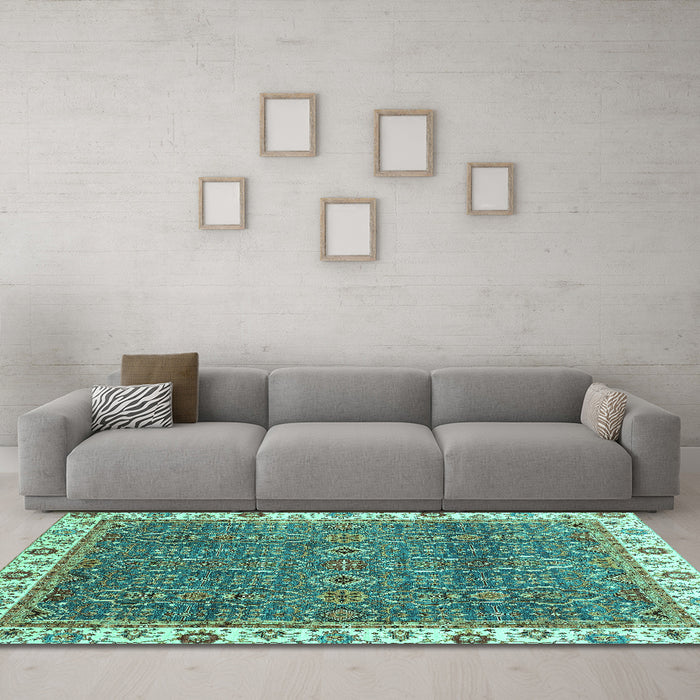 Machine Washable Oriental Turquoise Traditional Area Rugs in a Living Room,, wshabs3098turq
