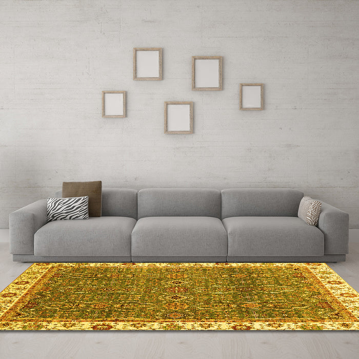 Machine Washable Oriental Yellow Traditional Rug in a Living Room, wshabs3098yw