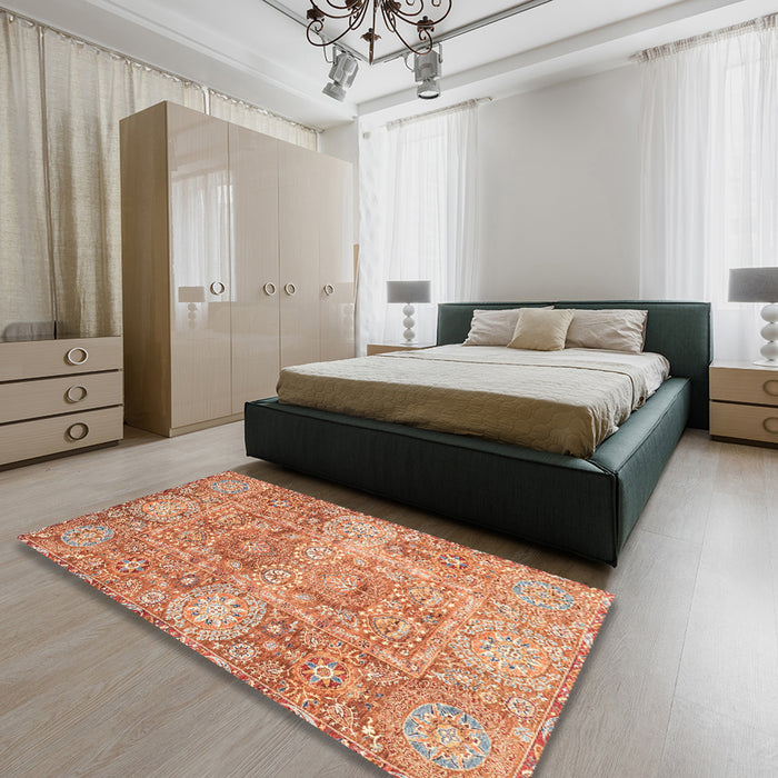 Abstract Orange Red Modern Rug in a Bedroom, abs3099