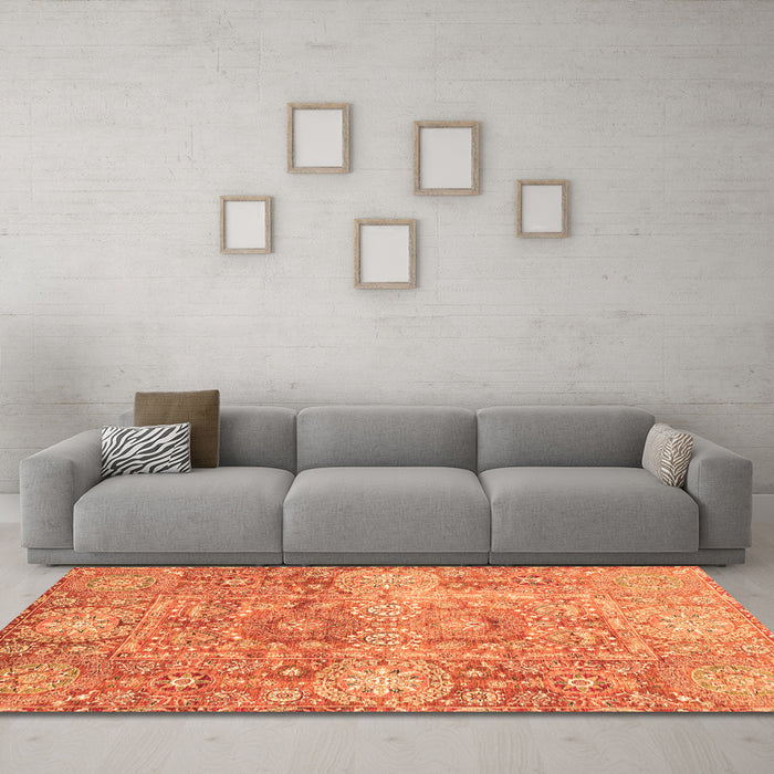 Machine Washable Abstract Orange Modern Area Rugs in a Living Room, wshabs3099org