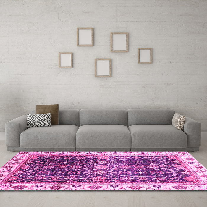 Machine Washable Oriental Pink Traditional Rug in a Living Room, wshabs3100pnk