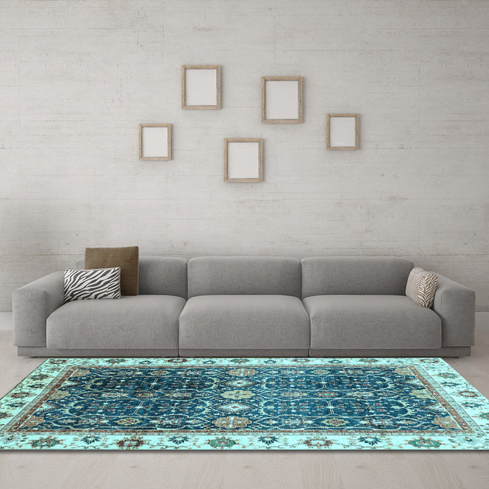 Machine Washable Oriental Light Blue Traditional Rug in a Living Room, wshabs3100lblu