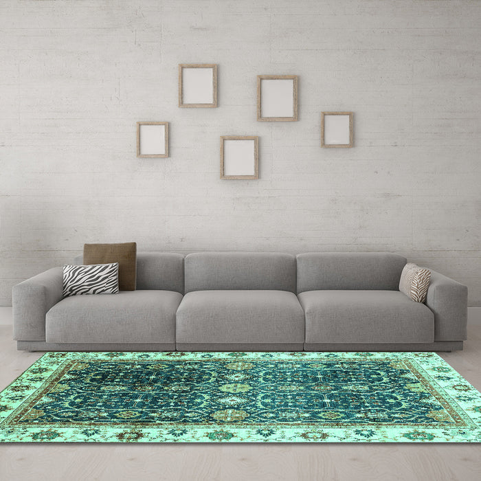 Machine Washable Oriental Turquoise Traditional Area Rugs in a Living Room,, wshabs3100turq