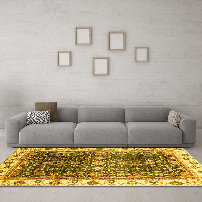 Machine Washable Oriental Yellow Traditional Rug in a Living Room, wshabs3100yw
