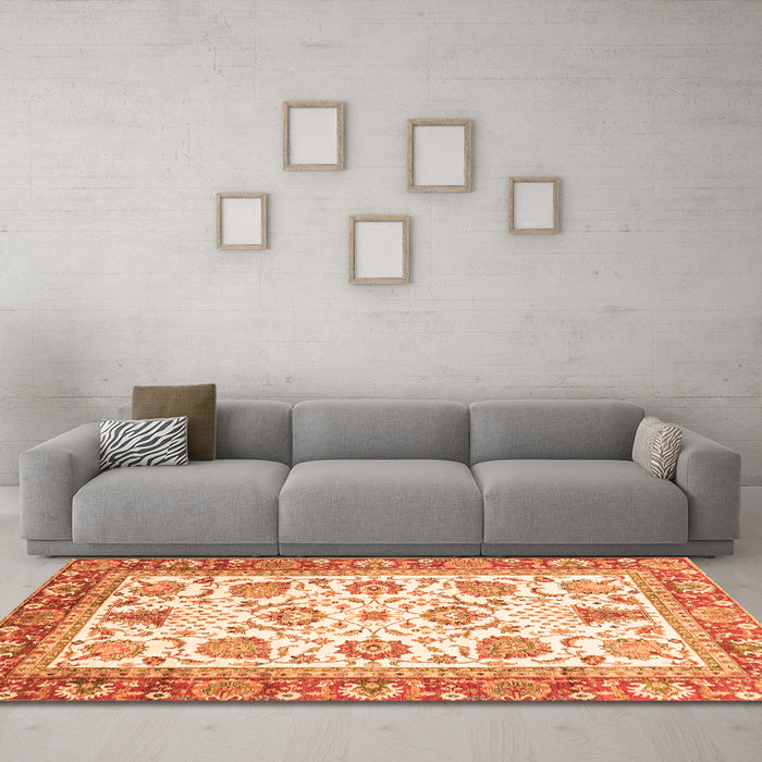 Machine Washable Abstract Orange Modern Area Rugs in a Living Room, wshabs3101org