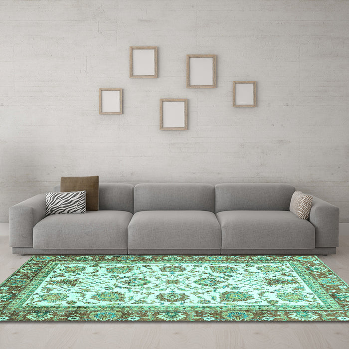 Machine Washable Abstract Turquoise Modern Area Rugs in a Living Room,, wshabs3101turq