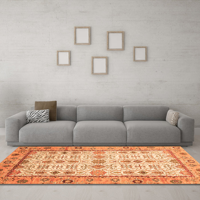 Machine Washable Abstract Orange Modern Area Rugs in a Living Room, wshabs3102org
