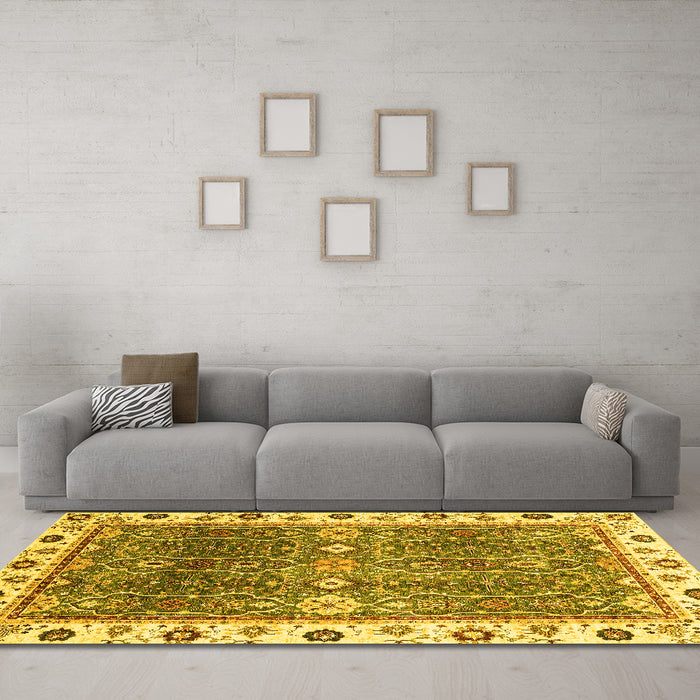 Machine Washable Oriental Yellow Traditional Rug in a Living Room, wshabs3103yw