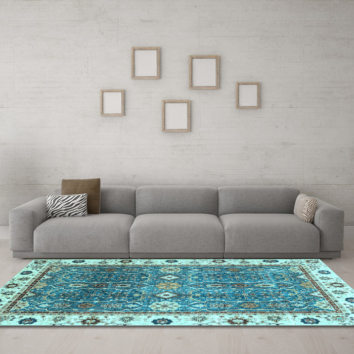 Machine Washable Oriental Light Blue Traditional Rug in a Living Room, wshabs3103lblu