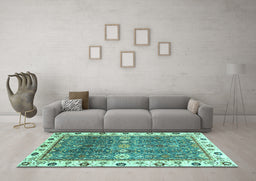 Machine Washable Oriental Turquoise Traditional Area Rugs in a Living Room,, wshabs3103turq