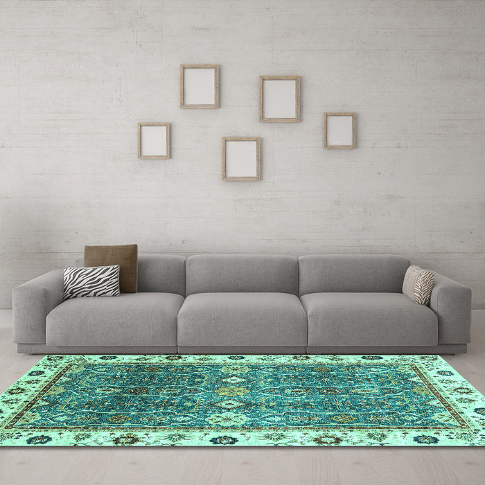 Machine Washable Oriental Turquoise Traditional Area Rugs in a Living Room,, wshabs3103turq