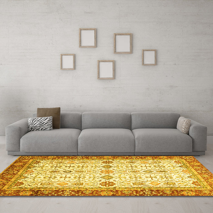 Machine Washable Oriental Yellow Traditional Rug in a Living Room, wshabs3104yw