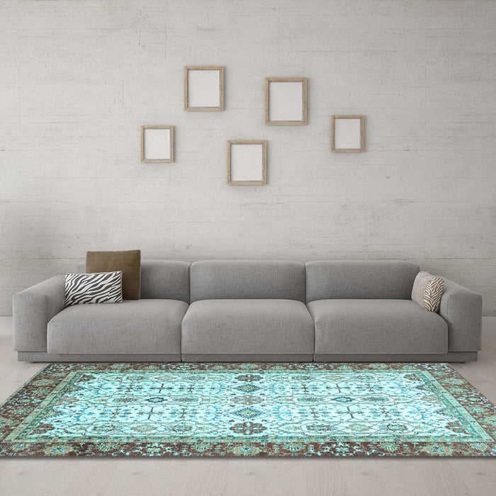 Machine Washable Oriental Light Blue Traditional Rug in a Living Room, wshabs3104lblu