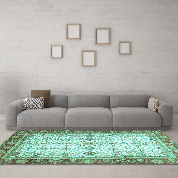 Machine Washable Oriental Turquoise Traditional Area Rugs in a Living Room,, wshabs3104turq