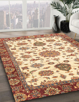 Abstract Brown Gold Oriental Rug in Family Room, abs3105