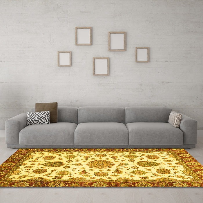 Machine Washable Oriental Yellow Traditional Rug in a Living Room, wshabs3105yw