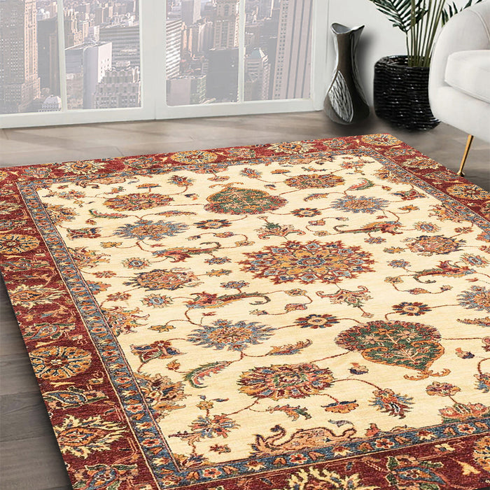 Abstract Brown Gold Oriental Rug in Family Room, abs3105
