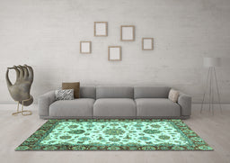 Machine Washable Oriental Turquoise Traditional Area Rugs in a Living Room,, wshabs3105turq