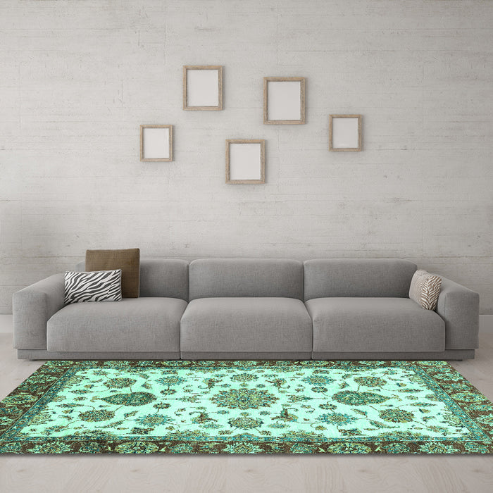Machine Washable Oriental Turquoise Traditional Area Rugs in a Living Room,, wshabs3105turq