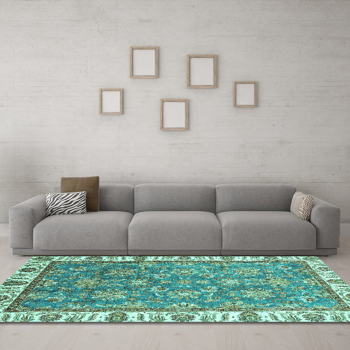 Machine Washable Abstract Turquoise Modern Area Rugs in a Living Room,, wshabs3106turq