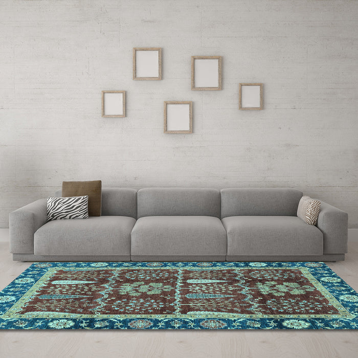 Machine Washable Oriental Light Blue Traditional Rug in a Living Room, wshabs3107lblu