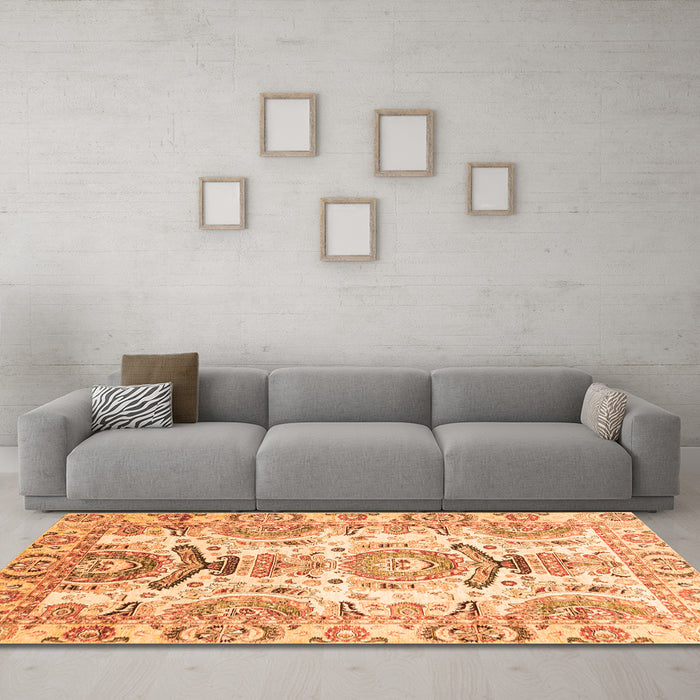Machine Washable Abstract Orange Modern Area Rugs in a Living Room, wshabs3108org