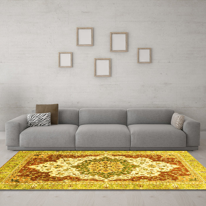 Machine Washable Abstract Yellow Modern Rug in a Living Room, wshabs3109yw