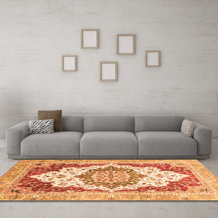 Machine Washable Abstract Orange Modern Area Rugs in a Living Room, wshabs3109org