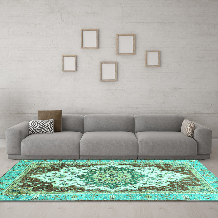 Machine Washable Abstract Turquoise Modern Area Rugs in a Living Room,, wshabs3109turq