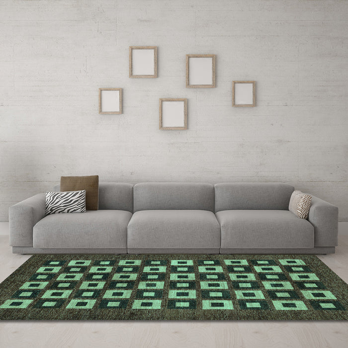 Machine Washable Checkered Turquoise Modern Area Rugs in a Living Room,, wshabs310turq