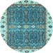 Round Machine Washable Oriental Light Blue Traditional Rug, wshabs3110lblu