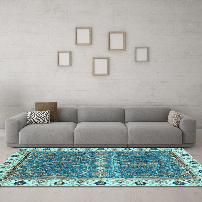 Machine Washable Oriental Light Blue Traditional Rug in a Living Room, wshabs3110lblu