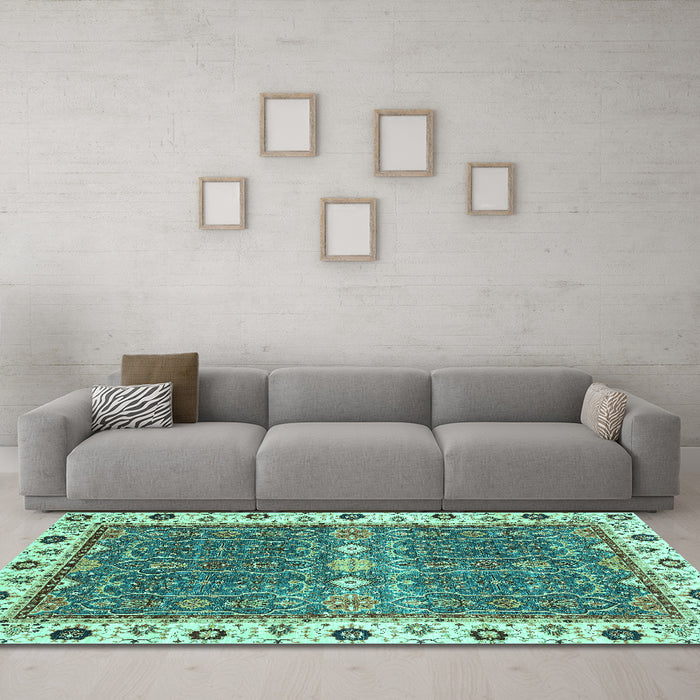 Machine Washable Oriental Turquoise Traditional Area Rugs in a Living Room,, wshabs3110turq