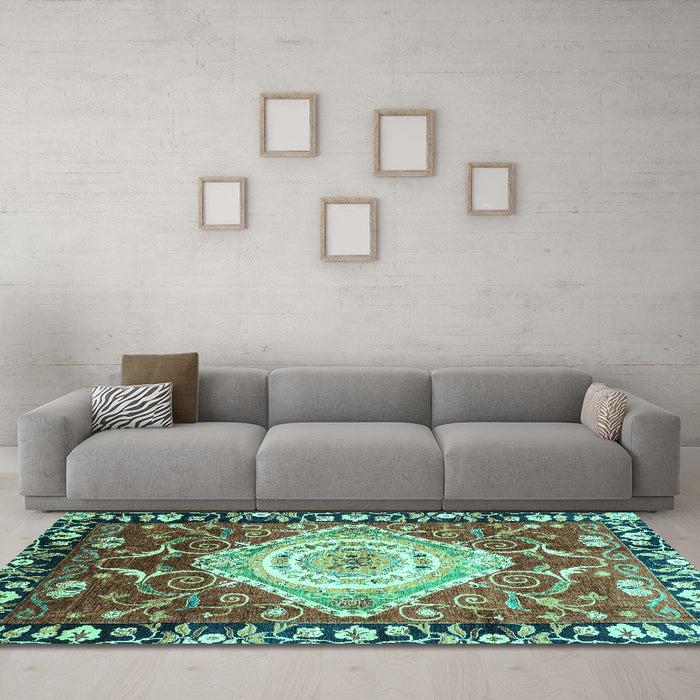 Machine Washable Persian Turquoise Traditional Area Rugs in a Living Room,, wshabs3111turq