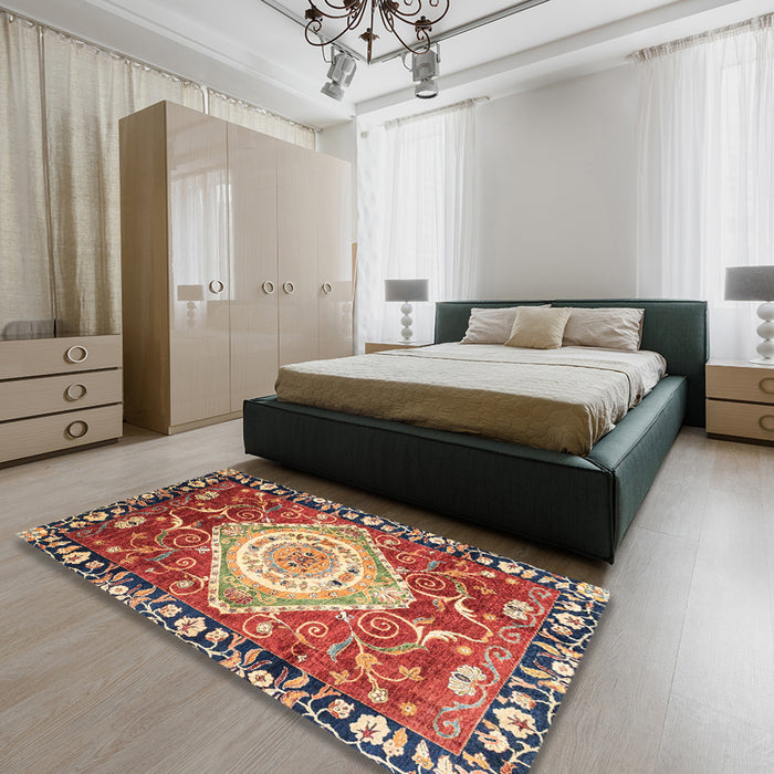 Abstract Fire Brick Red Persian Rug in a Bedroom, abs3111