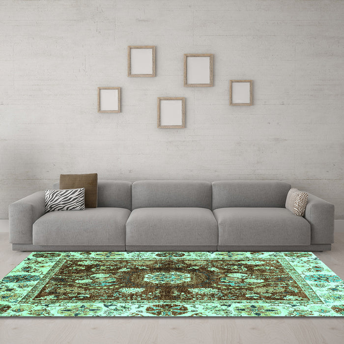 Machine Washable Oriental Turquoise Traditional Area Rugs in a Living Room,, wshabs3112turq