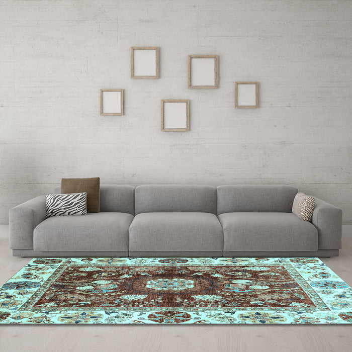 Machine Washable Oriental Light Blue Traditional Rug in a Living Room, wshabs3112lblu