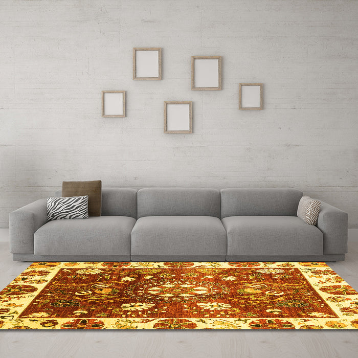 Machine Washable Oriental Yellow Traditional Rug in a Living Room, wshabs3114yw